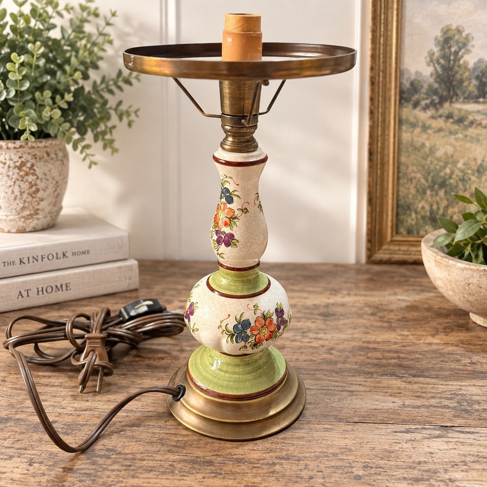 Vintage Floral Ceramic Table Lamp Hand Painted Brass Base Cottagecore Cream Lamp